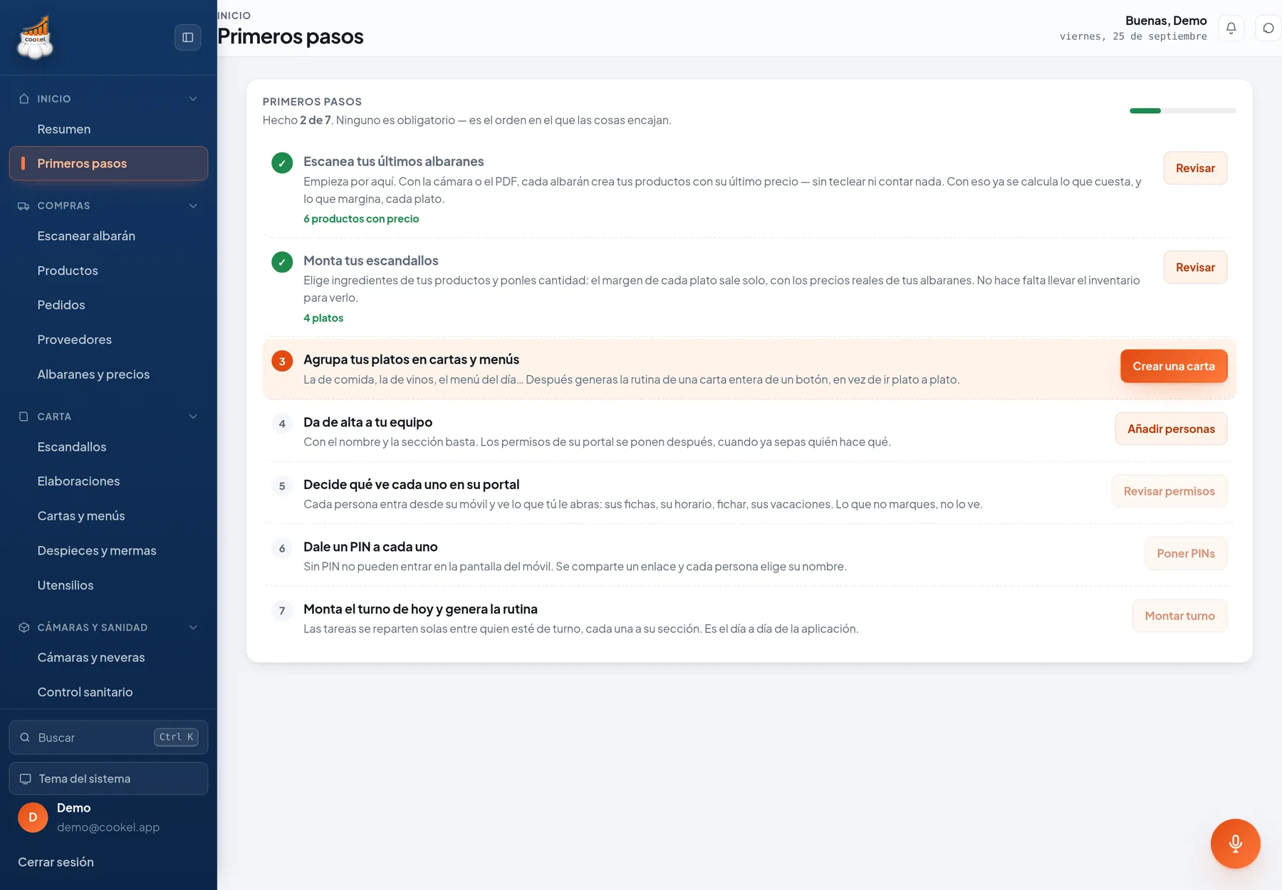Lista de primeros pasos con el progreso hecho