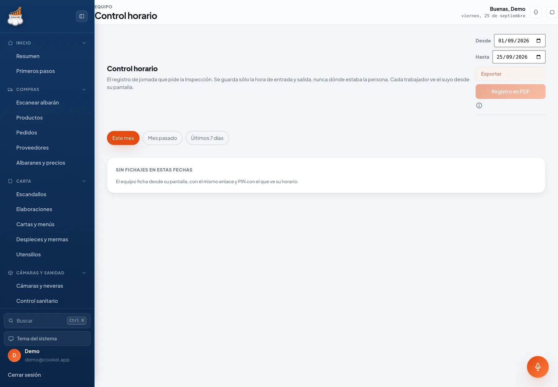 Control horario con exportación a PDF