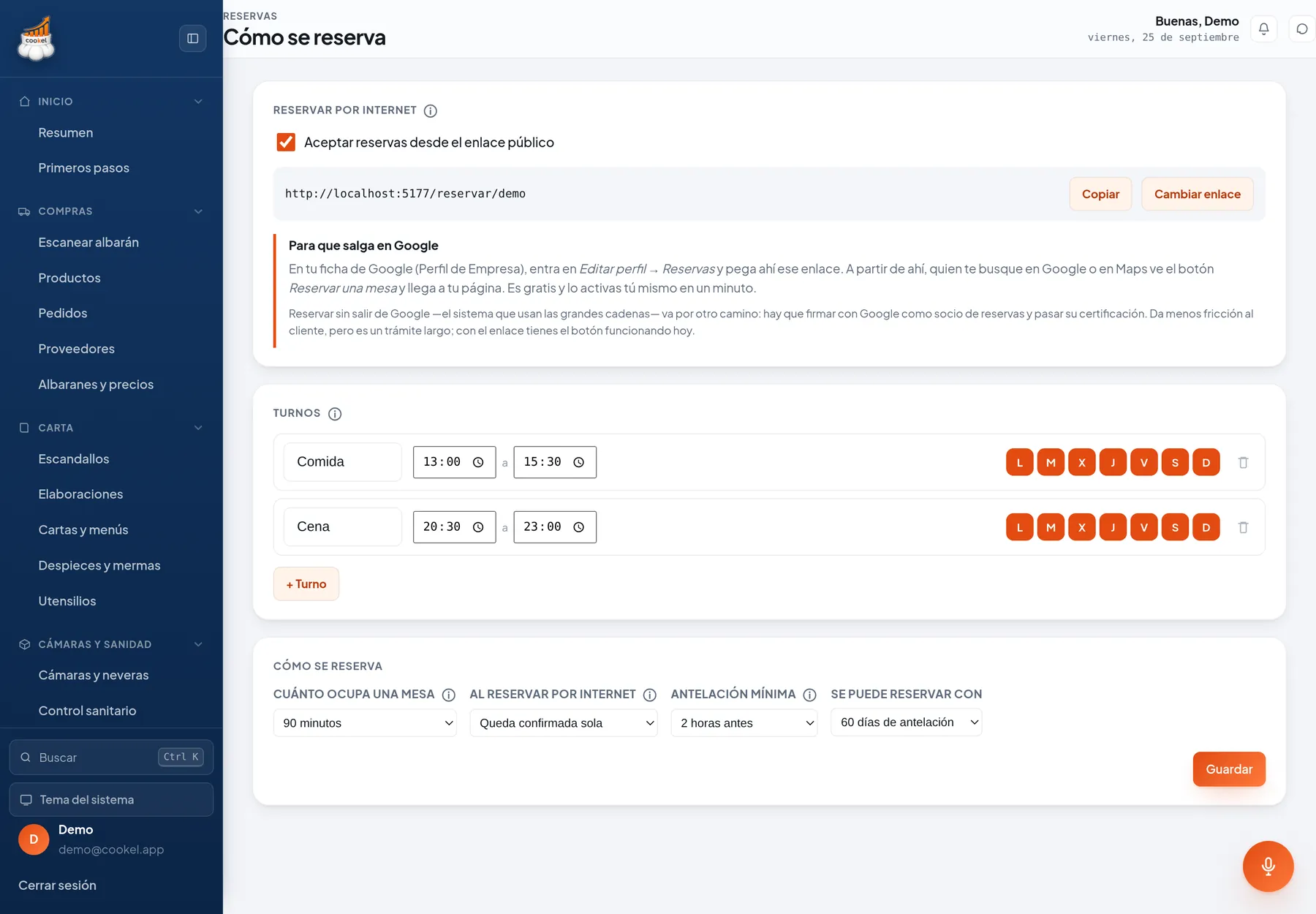 Configuración de las reservas por internet