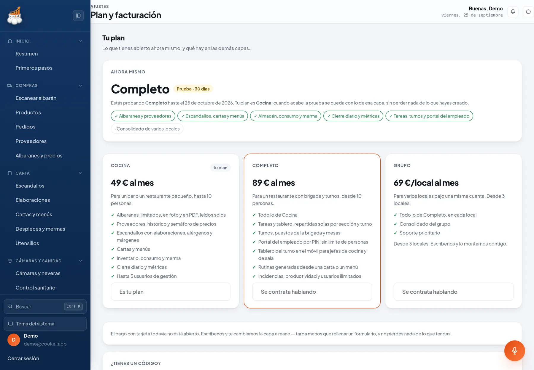 Plan y facturación